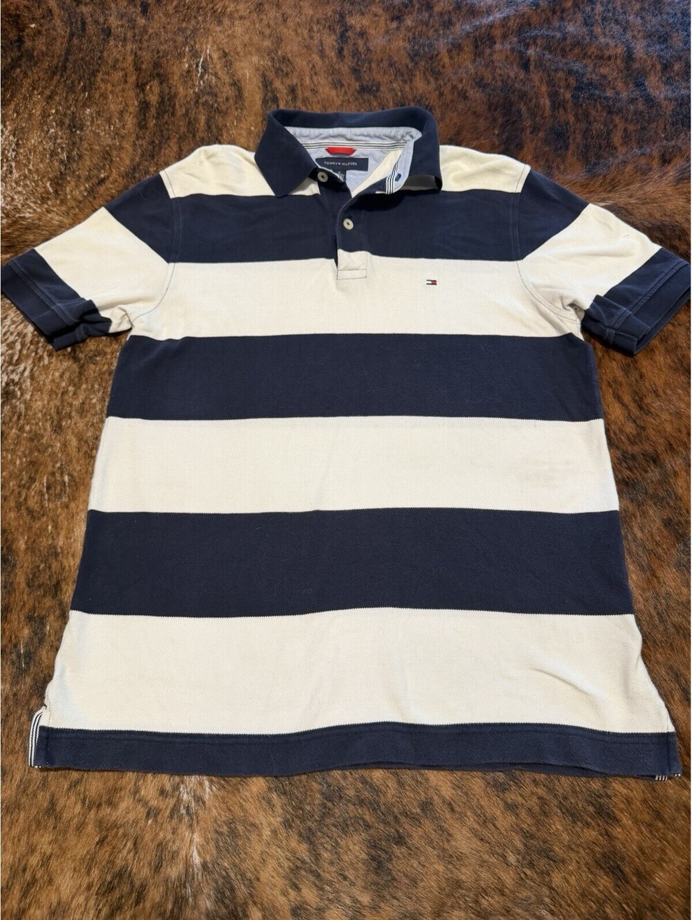 Tommy Hilfiger Men's M Polo Shirt Striped Short Sleeve Navy Blue Off White Y2K